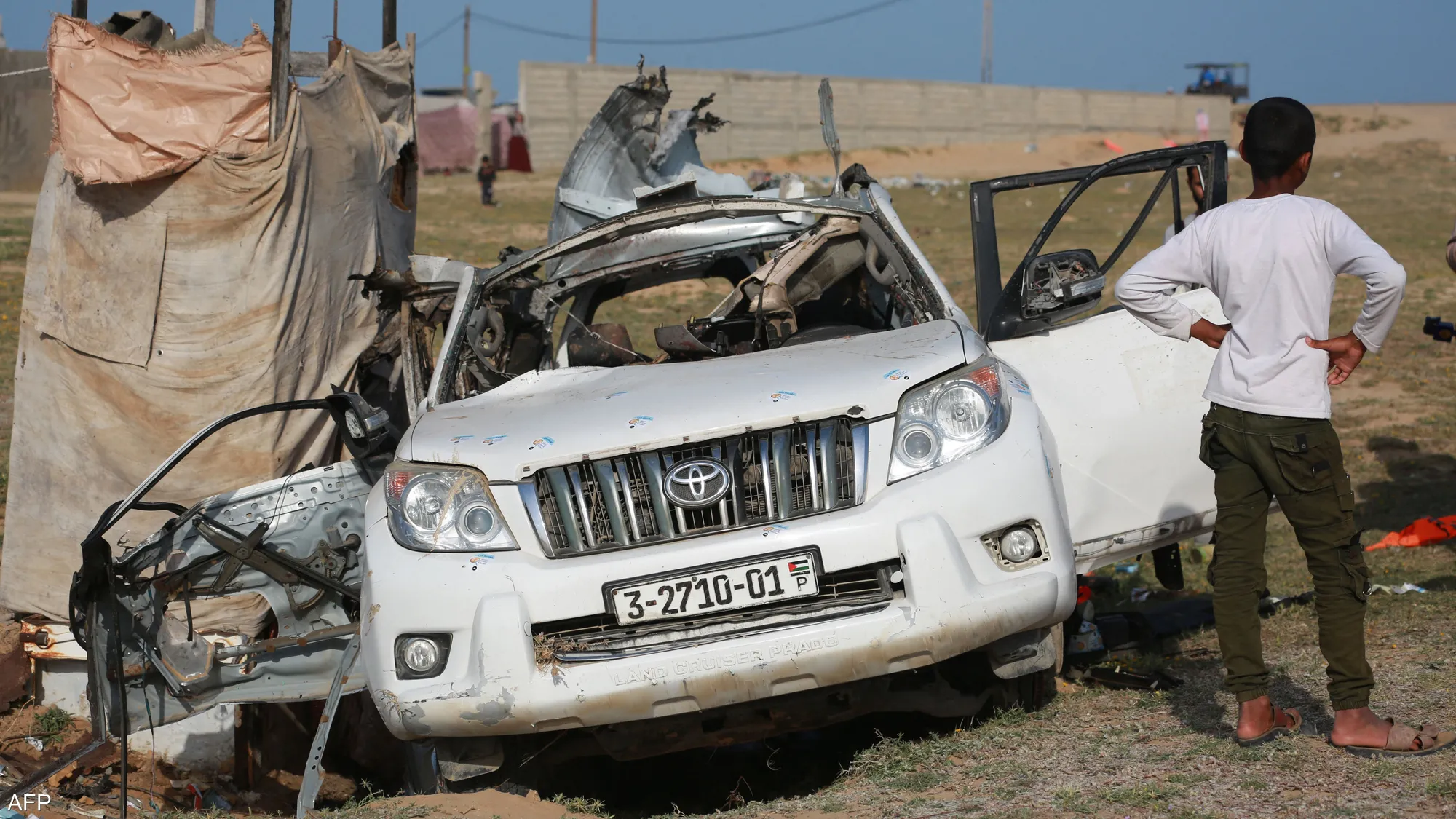 A destroyed World Central Kitchen vehicle is seen in the Gaza Strip after an Israeli strike on the humanitarian aid convoy in April 2024.