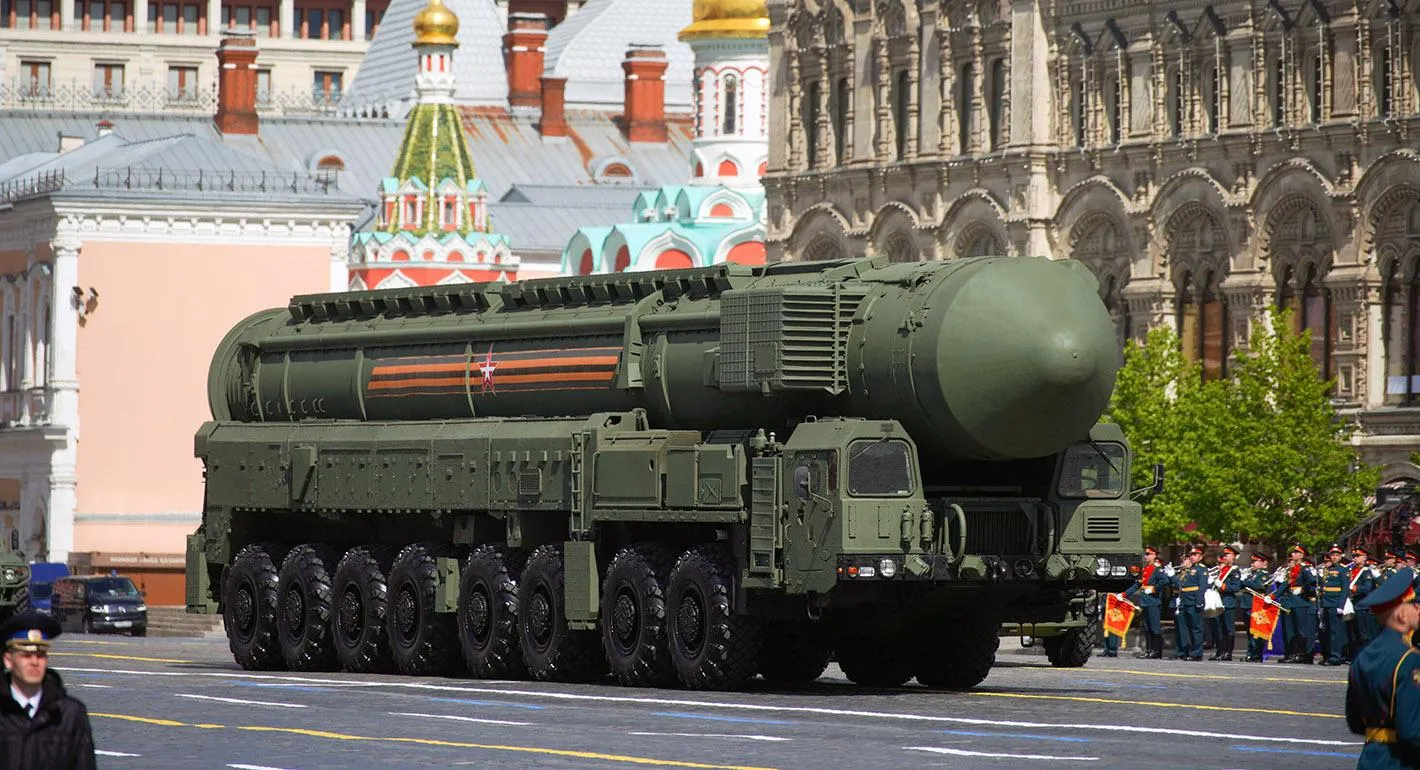 A Russian RS-28 Sarmat intercontinental ballistic missile, known by NATO as "Satan II."