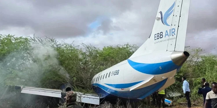 EBB Air aircraft rests in bushes after overshooting Mandera runway, all 36 on board unharmed.