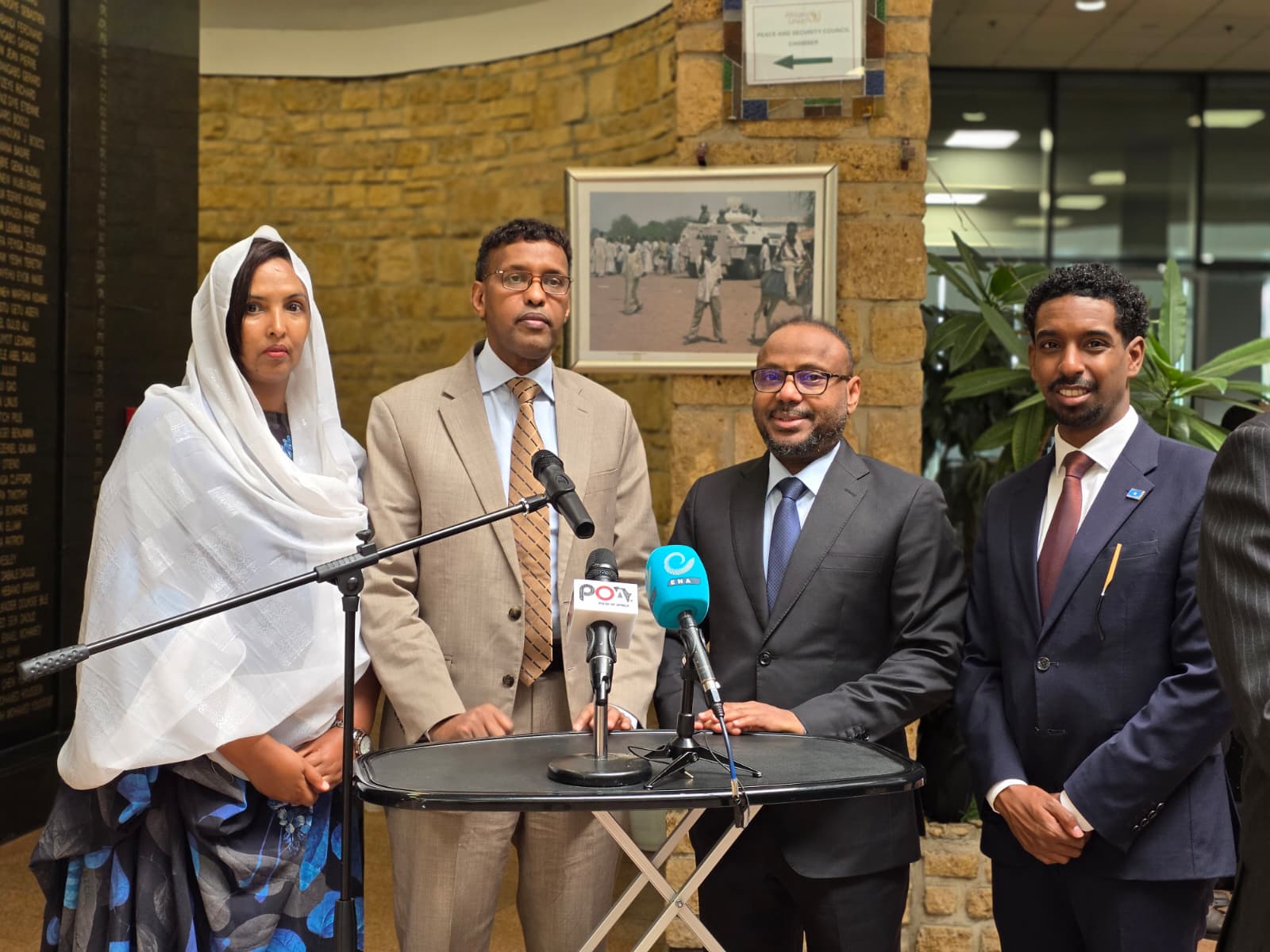 The Somali delegation, led by Ambassador Abdullahi Mohamed Warfaa, raises the national flag at the African Union headquarters in Addis Ababa on 7 April 2026, marking Somalia's historic first seat on the AU Peace and Security Council.