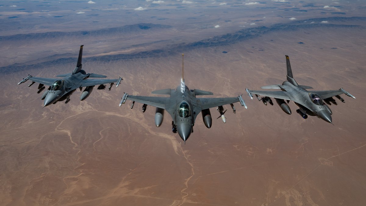 U.S. Air Force F-16 Fighting Falcons carry out a readiness flight within the U.S. Central Command area of responsibility.