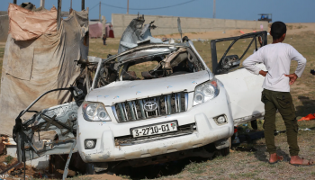 A destroyed World Central Kitchen vehicle is seen in the Gaza Strip after an Israeli strike on the humanitarian aid convoy in April 2024.