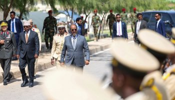 Somali President Hassan Sheikh Mohamud arrives at the graduation ceremony for newly commissioned Somali National Army officers and deputy officers at the TURKSOM Military Training Academy in Mogadishu, where he presided over the event and congratulated the graduates on completing their military training.