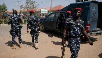 Police officers on patrol in Nigeria in 2023. (Photo: AP/Sunday Alamba)