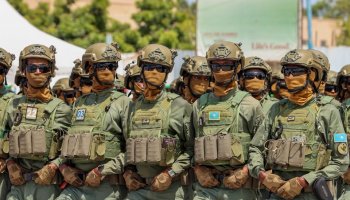 Somali National Army soldiers stand in formation during celebrations marking Somalia's July 1 Independence Day.
