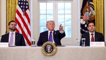 U.S. President Donald Trump takes questions from reporters while Vice President JD Vance and Secretary of State Marco Rubio look on, as they attend a meeting with oil industry executives at the White House in Washington in January. | REUTERS