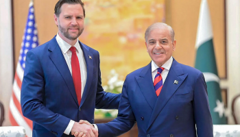 US Vice President JD Vance and Pakistan Prime Minister Shehbaz Sharif meet during the first round of diplomatic talks linked to US–Iran negotiations in Islamabad.
