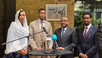 The Somali delegation, led by Ambassador Abdullahi Mohamed Warfaa, raises the national flag at the African Union headquarters in Addis Ababa on 7 April 2026, marking Somalia's historic first seat on the AU Peace and Security Council.