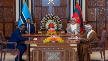 President Duma Boko of Botswana and Sultan Haitham bin Tariq of Oman witness the signing of energy and mining agreements in Gaborone on April 13, 2026, as officials formalize plans for solar and resource development cooperation.